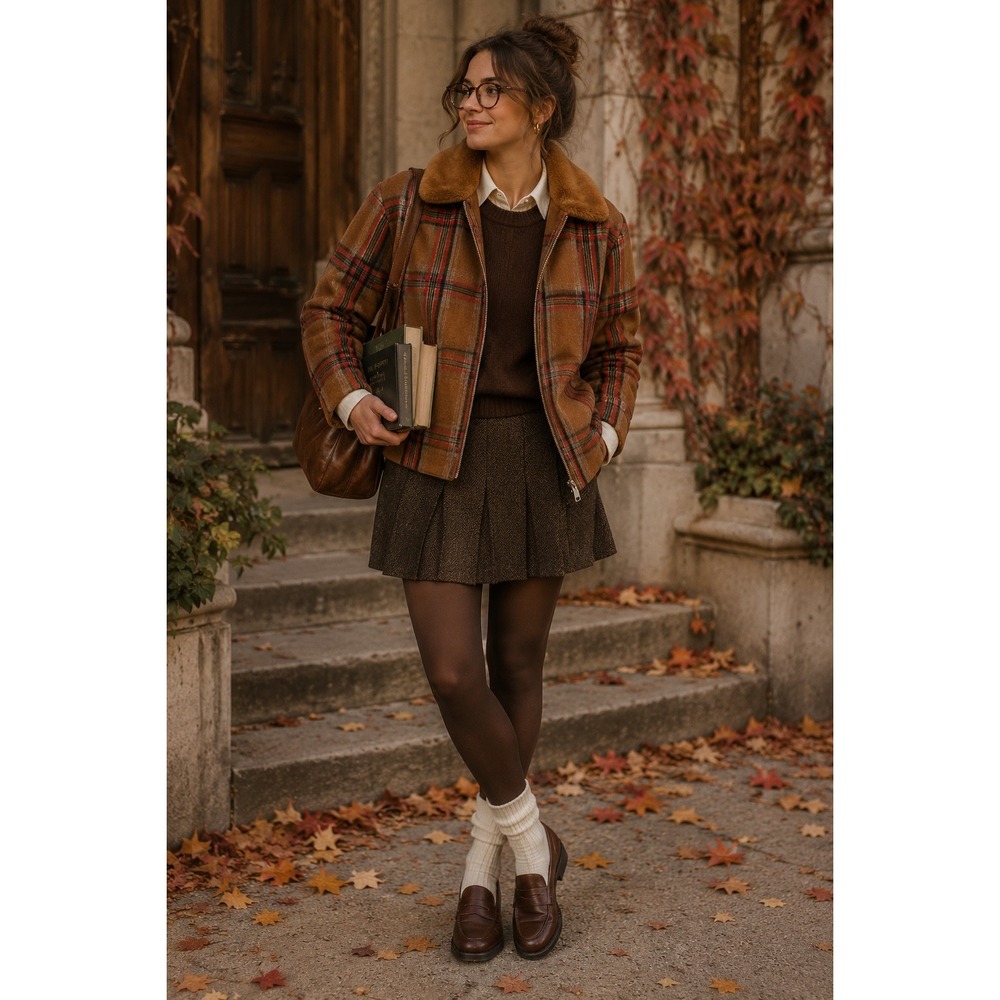 Emory Park Plaid Wool Blend Jacket Faux Fur Collar Rust Brown Small